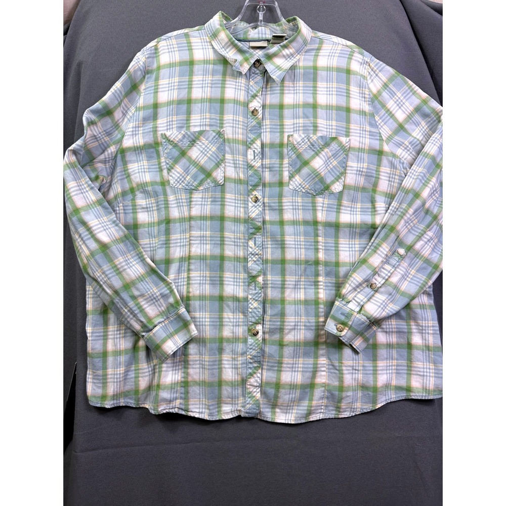 LL Bean Women's 1X Plaid Button Down Shirt Green Blue Cotton Roll Tab Sleeve